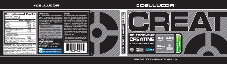 Official label of Cellucor COR-Performance Creatine Granny Smith Apple (NIH DSLD #31096)