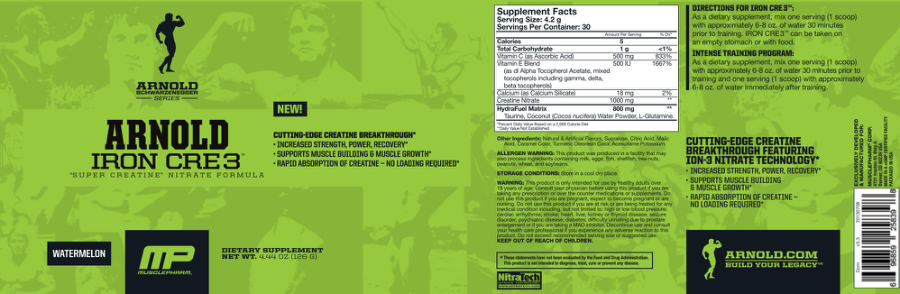 Official label of MusclePharm Arnold Iron Cre3 Watermelon (NIH DSLD #31207)