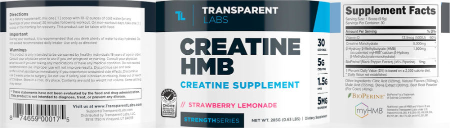 Official label of Transparent Labs Creatine HMB Strawberry Lemonade (NIH DSLD #312227)