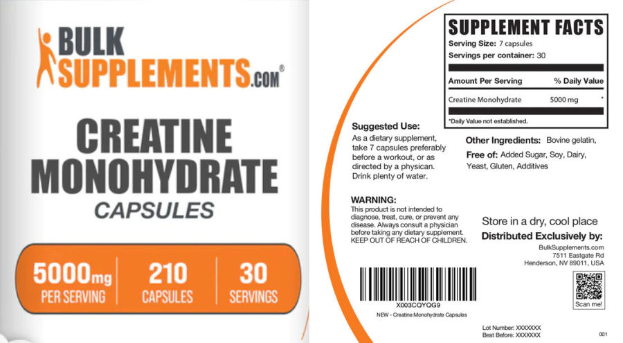 Official label of BulkSupplements.com Creatine Monohydrate 5000 mg Capsules (NIH DSLD #312883)
