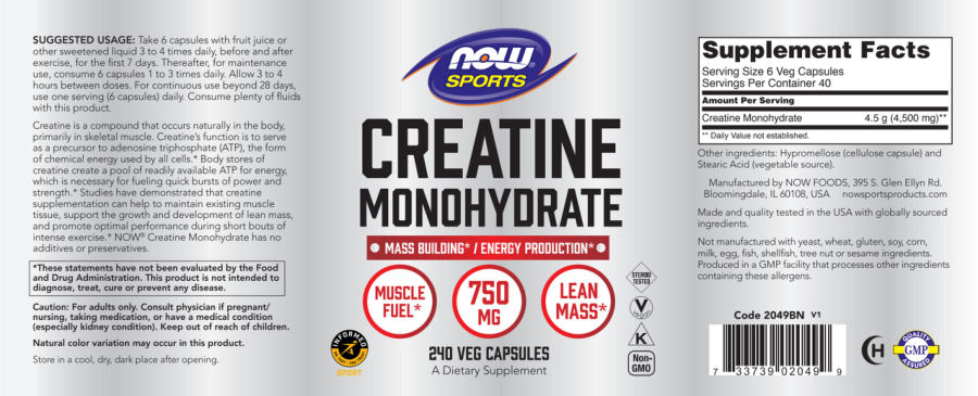 Official label of NOW Sports Creatine Monohydrate (NIH DSLD #314259)