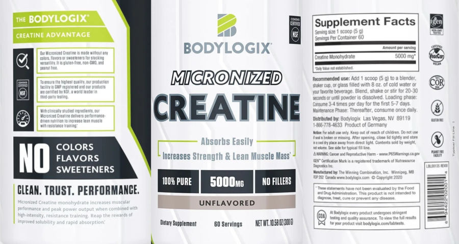 Official label of BodyLogix Micronized Creatine 5000 mg Unflavored (NIH DSLD #314858)