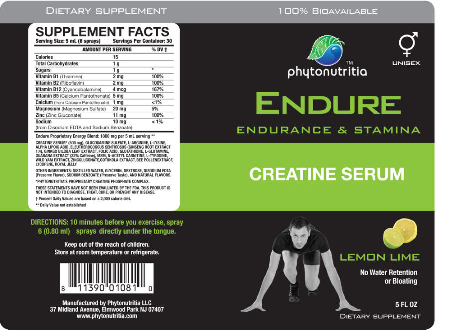 Official label of Phytonutritia Endure Creatine Serum Lemon Lime (NIH DSLD #31621)
