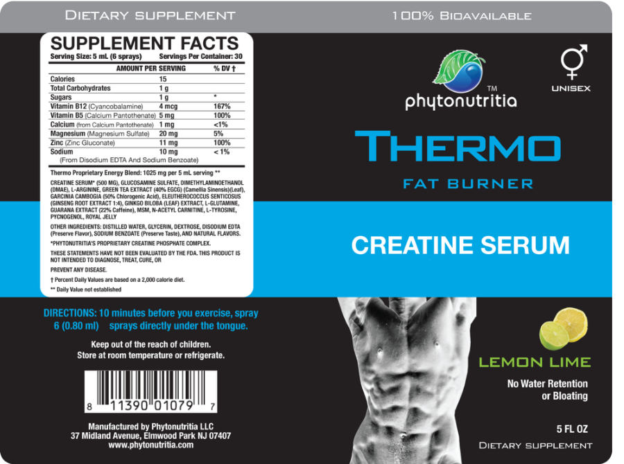 Official label of Phytonutritia Thermo Fat Burner Creatine Serum Lemon Lime (NIH DSLD #31629)