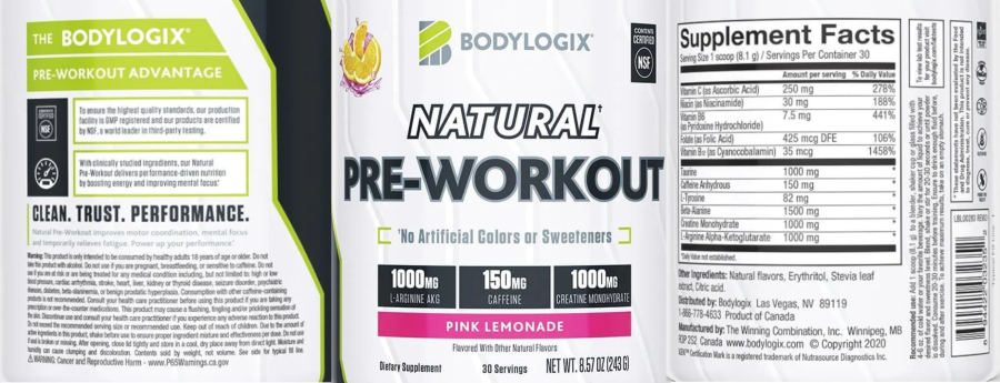 Official label of BodyLogix Natural Pre-Workout Pink Lemonade (NIH DSLD #316362)