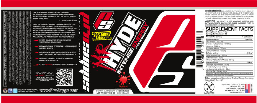 Official label of PS ProSupps Mr Hyde Intense Energy Pre Workout Punch (NIH DSLD #31735)