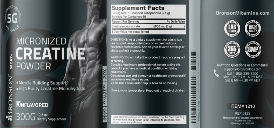 Official label of Bronson Sport+ Micronized Creatine Powder Unflavored (NIH DSLD #317365)