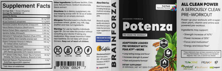 Official label of Brain Forza Potenza Fruit Punch (NIH DSLD #317976)