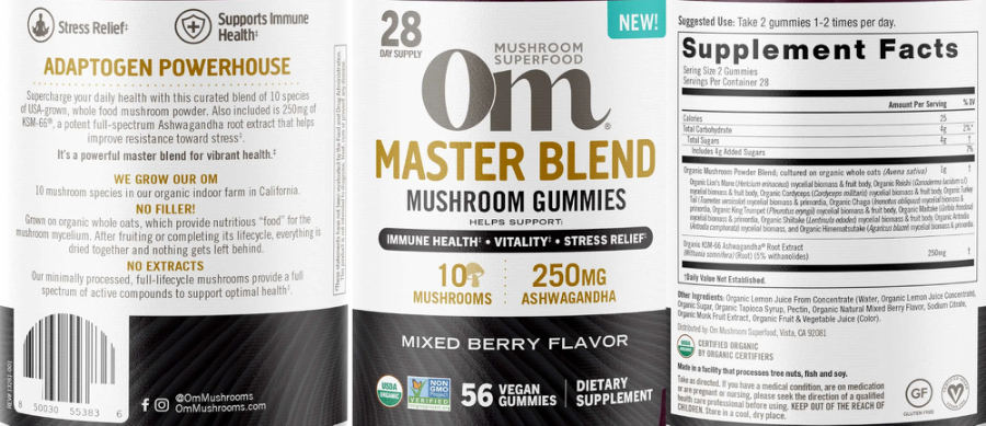 Official label of Om Mushroom Superfood Master Blend Mushroom Gummies Mixed Berry Flavor (NIH DSLD #318047)