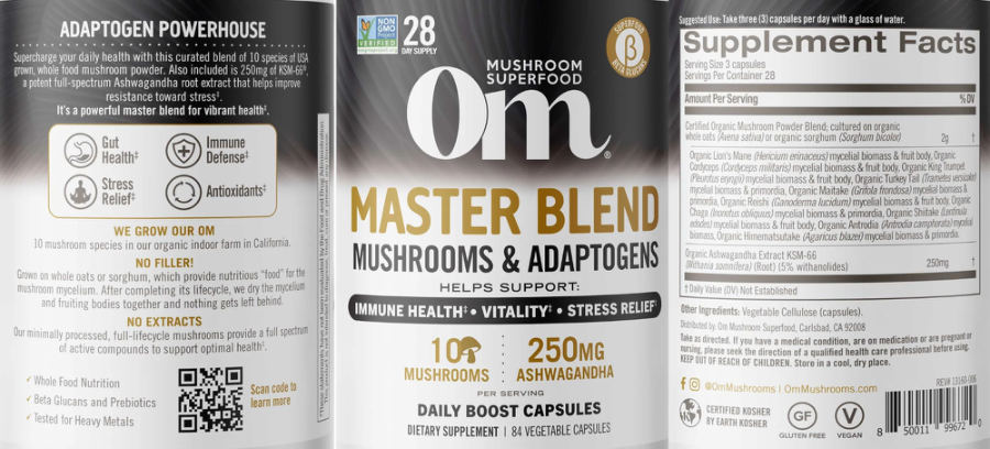 Official label of Om Mushroom Superfood Master Blend Mushrooms & Adaptogens (NIH DSLD #318049)