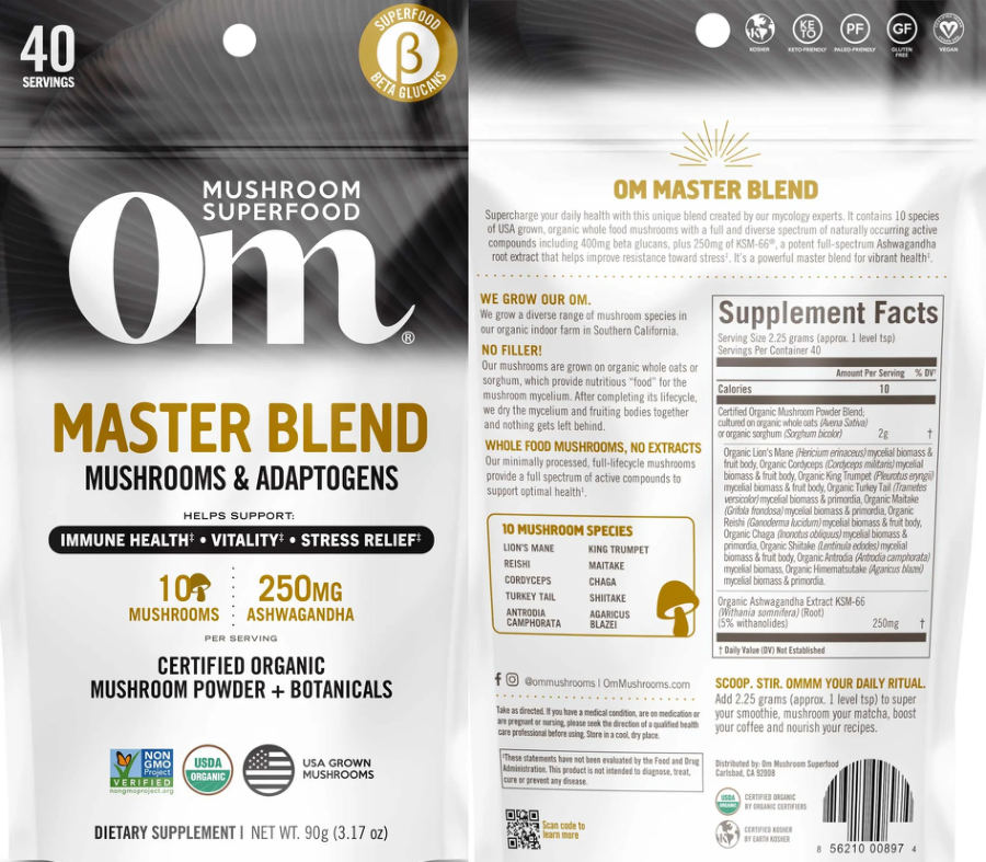 Official label of Om Mushroom Superfood Master Blend Mushrooms & Adaptogens Powder (NIH DSLD #318057)