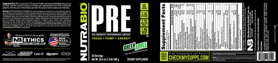 Official label of NutraBio Pre Green Apple (NIH DSLD #318089)