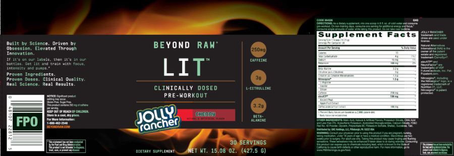 Official label of GNC Beyond Raw LIT Jolly Rancher Cherry (NIH DSLD #319921)