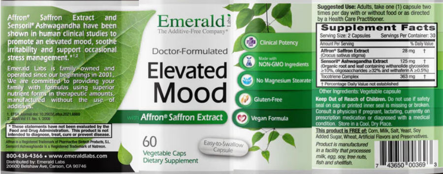 Official label of Emerald Labs Elevated Mood (NIH DSLD #320036)