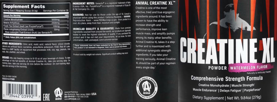 Official label of Animal Animal Creatine XL Watermelon Flavor (NIH DSLD #321643)
