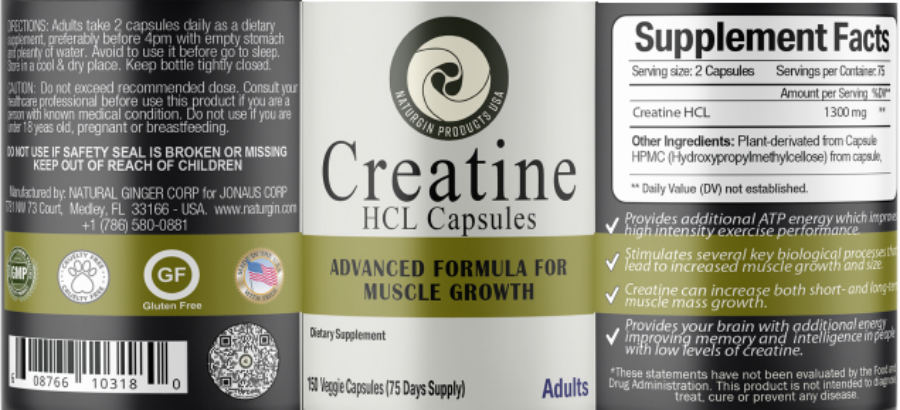 Official label of Naturgin Products USA Creatine HCL Capsules (NIH DSLD #321980)