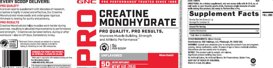 Official label of GNC Pro Performance Creatine Monohydrate (NIH DSLD #322238)