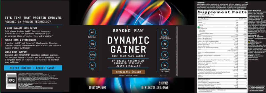 Official label of GNC Beyond Raw Dynamic Gainer Chocolate Eclair (NIH DSLD #322563)