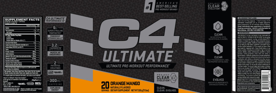 Official label of Cellucor C4 Ultimate Orange Mango (NIH DSLD #322576)