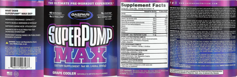 Official label of Gaspari Nutrition SuperPump MAX Grape Cooler (NIH DSLD #322589)