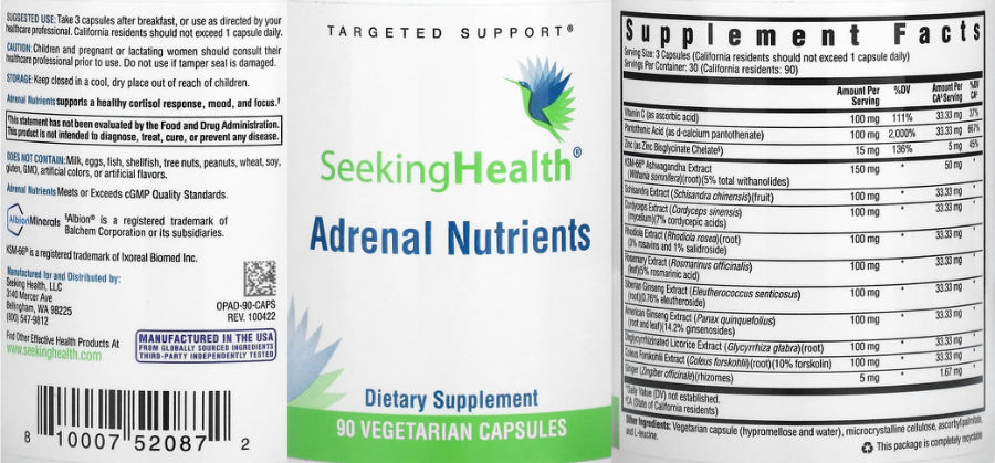 Official label of Seeking Health Adrenal Nutrients (NIH DSLD #322639)