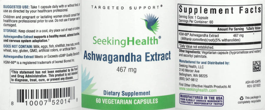 Official label of Seeking Health Ashwagandha Extract 467 mg (NIH DSLD #322640)