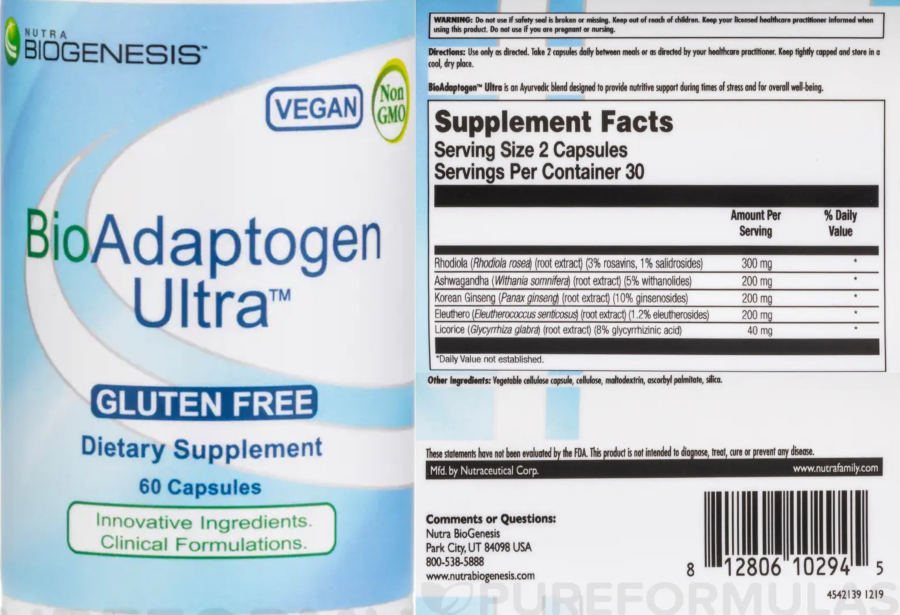 Official label of Nutra BioGenesis BioAdaptogen Ultra (NIH DSLD #322978)