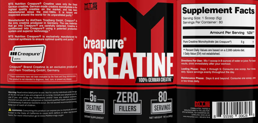 Official label of MTS Nutrition Creapure Creatine 5g (NIH DSLD #323108)