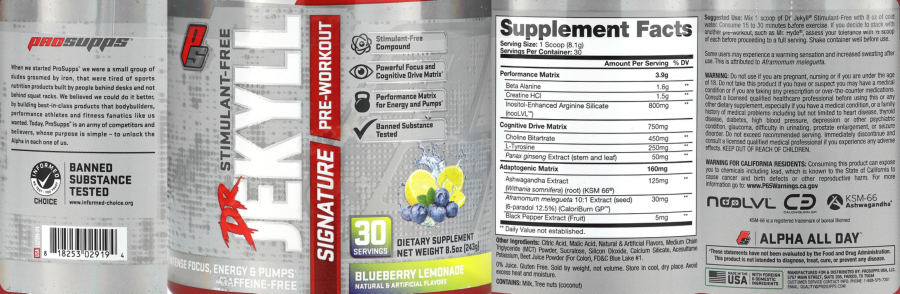 Official label of PS ProSupps Dr Jekyll Stimulant-Free Signature Pre-Workout Blueberry Lemonade (NIH DSLD #323178)