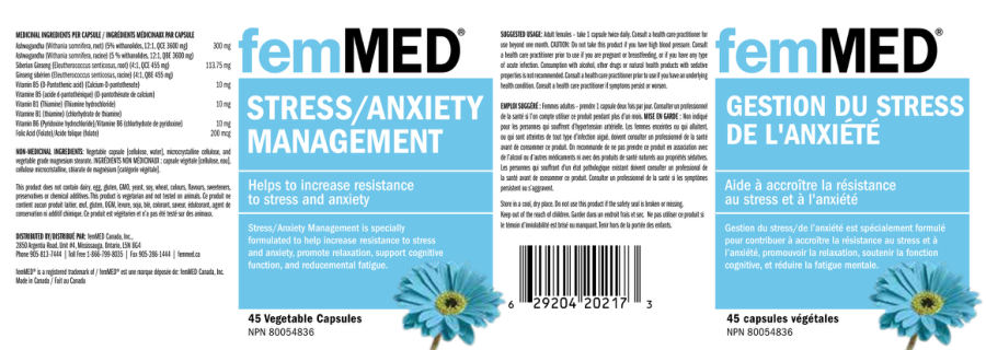 Official label of femMED Stress/Anxiety Management (NIH DSLD #323195)