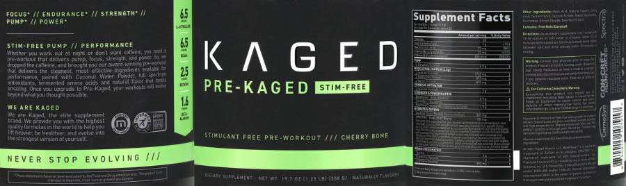 Official label of Kaged Pre-Kaged Stim-Free Cherry Bomb (NIH DSLD #323466)