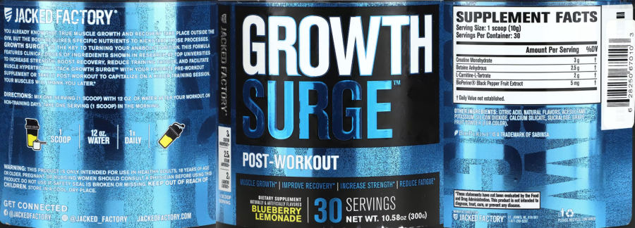 Official label of Jacked Factory Growth Surge Post-Workout Blueberry Lemonade (NIH DSLD #323473)