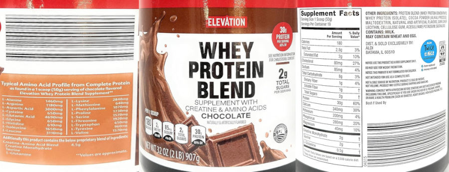 Official label of Elevation Whey Protein Blend Chocolate (NIH DSLD #323742)