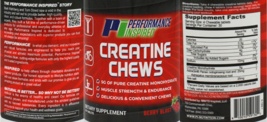 Official label of Performance Inspired Creatine Chews Berry Blast (NIH DSLD #325579)