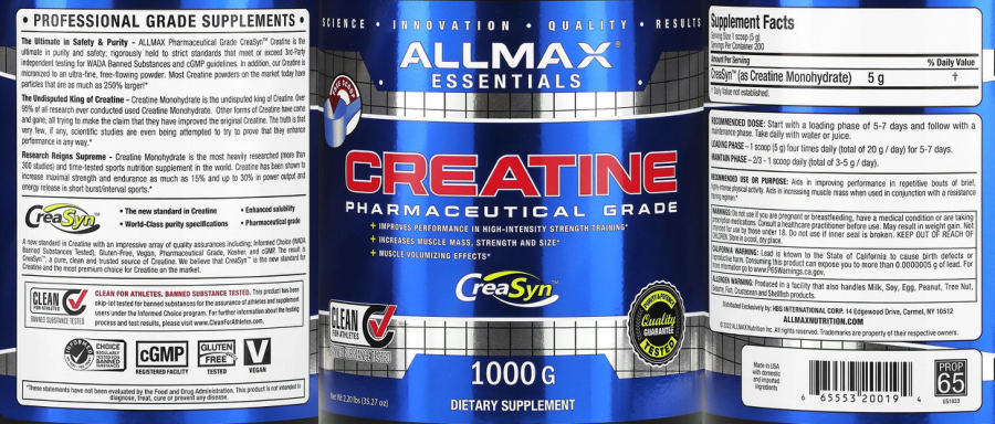 Official label of ALLMAX ESSENTIALS Creatine (NIH DSLD #325791)