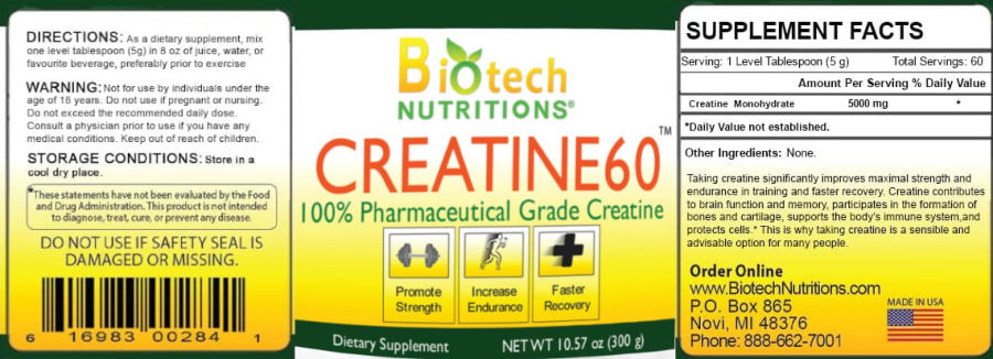 Official label of Biotech Nutritions Creatine60 (NIH DSLD #326574)