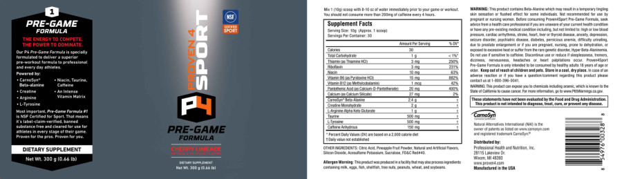 Official label of Proven4 Sport P4 Pre-Game Formula Cherry Limeade (NIH DSLD #327012)