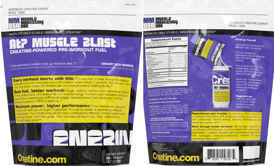 Official label of MMUSA ATP Muscle Blast Creamy Rich Berries (NIH DSLD #327366)