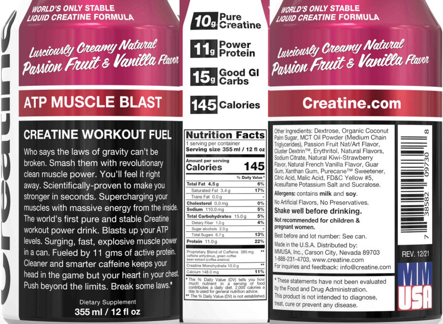 Official label of MMUSA ATP Muscle Blast Passion Fruit & Vanilla Flavor (NIH DSLD #327367)