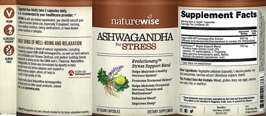 Official label of NatureWise Ashwagandha for Stress (NIH DSLD #327742)