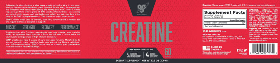Official label of BSN Creatine Unflavored (NIH DSLD #328536)