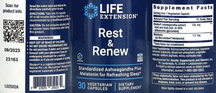 Official label of Life Extension Rest & Renew (NIH DSLD #328650)
