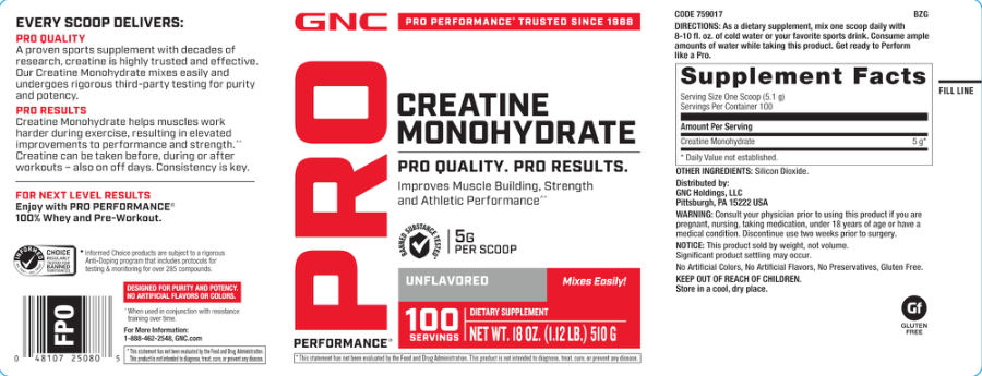 Official label of GNC Pro Performance Creatine Monohydrate 5 Grams Unflavored (NIH DSLD #328780)