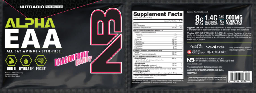 Official label of NutraBio Performance Alpha EAA Dragonfruit Candy (NIH DSLD #329319)