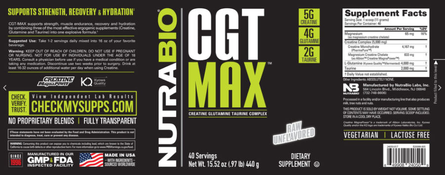 Official label of NutraBio CGT Max Raw Unflavored (NIH DSLD #329357)