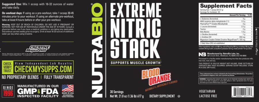 Official label of NutraBio Extreme Nitric Stack Blood Orange (NIH DSLD #329375)