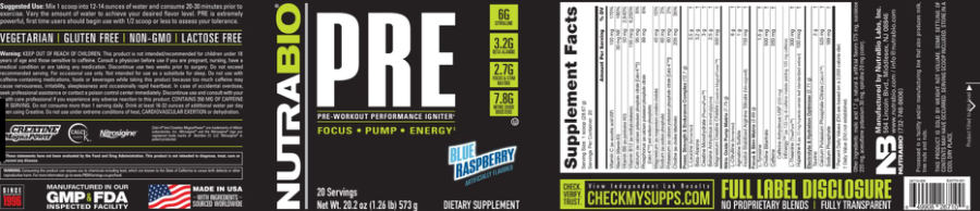 Official label of NutraBio PRE Blue Raspberry (NIH DSLD #329445)