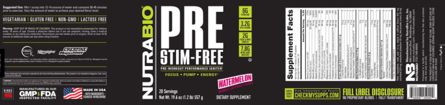 Official label of NutraBio PRE Stim-Free Watermelon (NIH DSLD #329449)