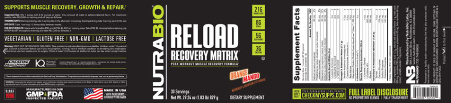 Official label of NutraBio Reload Recovery Matrix Orange Mango (NIH DSLD #329451)