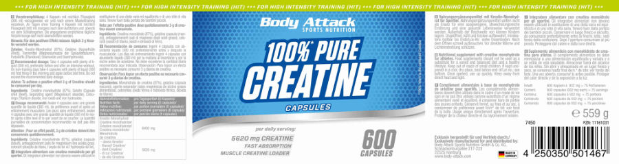 Official label of Body Attack Sports Nutrition 100% Pure Creatine Capsules 5620 mg (NIH DSLD #329518)